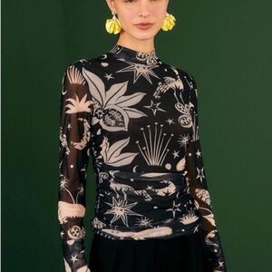 Farm Rio Black/white Cerrado Sky Printed Mesh Blouse